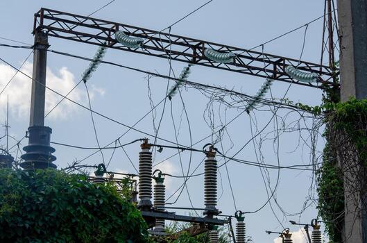 A power line with a green and white sign is tangled and hanging from a pole. The sign is in the middle of the power line and he is advertising something photo