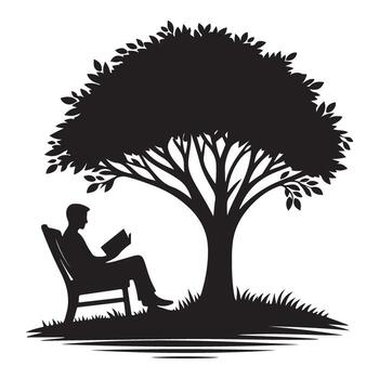 Man Reading Under Tree Silhouette for Relaxation Themes vector