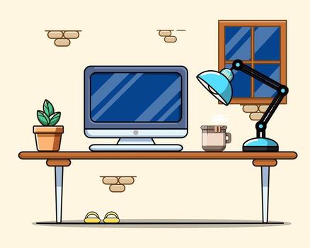 Cozy Workspace with Computer Monitor, Lamp, and Plant Icon Vectors Illustration Flat Design