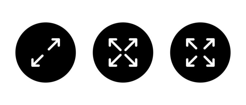 Expand and full screen icon set. Maximize display button symbol in black circle vector