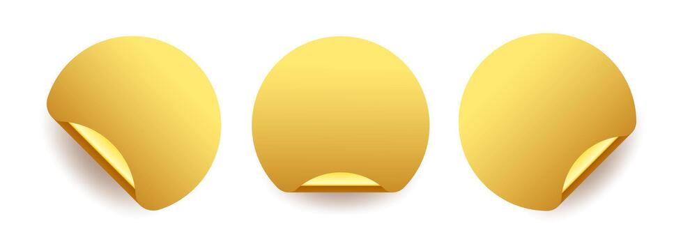 Set of gold round stickers with curled edges, showing shiny golden back side. 3D circular blank labels with glossy peel effect, ideal for promotions, sales, awards. vector