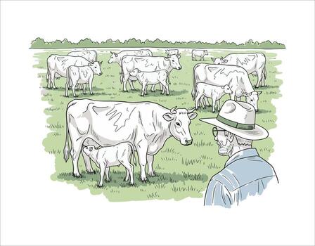 un ilustración de un hombre en pie en frente de un manada de vacas vector