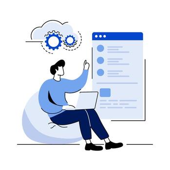 hombre trabajando en computadora portátil, nube informática, interfaz diseño vector