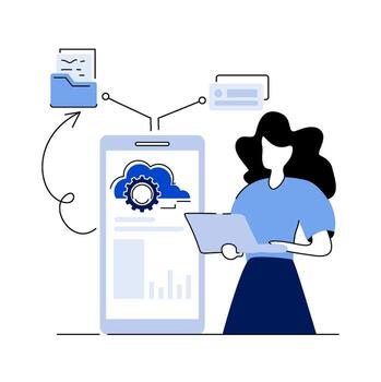 Woman using laptop with cloud data on smartphone and file transfer vector