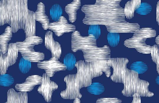 Seamless abstract pattern with hand drawn white linear shapes and blue gradient circles on a deep navy background. Modern, textured design ideal for textiles, wallpapers, and surface prints. vector