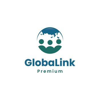Global logo with a globe and connected human figures, symbolizing global communication and collaboration. vector