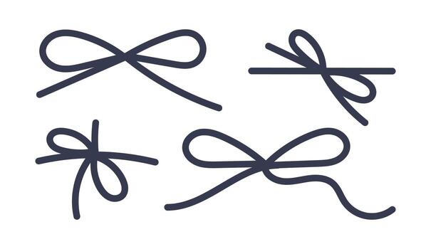 Elegant double bow knot with ribbon loops, decorative thin string tied into festive rope with soft lace curls and cord details, perfect for gift wrapping, packaging and invitations flat . vector