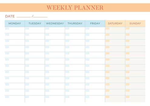 Weekly planner page template minimalistic design. Horizontal simple agenda routine organizer vector