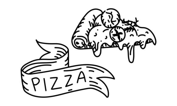 triangular slice of pizza on its side, with the word PIZZA written on it. Mozzarella, tomato, and dill. Grunge, engraving, monochrome, black doodle outline on white. For marketing in a pizzeria vector