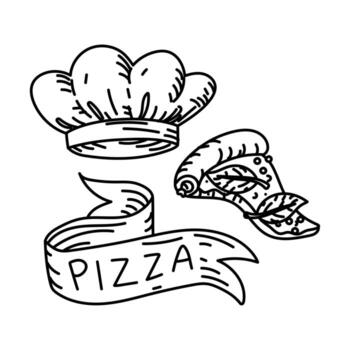 set of items related to pizza. A chef's hat, a slice of pizza, and a ribbon with the word PIZZA written on it. A grunge print, monochrome, black outline doodle on white. For marketing in a pizzeria vector