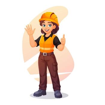 A worker and engineer woman in helmet and safety gear stands at builder work site. This worker character helps represent an engineer in job visuals, industry scenes, or construction design use. vector