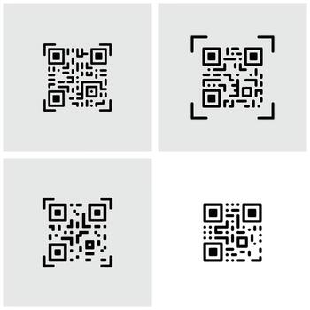 Four Variations of a Black and White Q R Code Icon Set on a Light Gray Background Digital Design Element for Website or App Interface vector