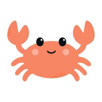 A cute cartoon crab with a smiling face and orange color. It has two large claws and round black eyes, set against a simple white background. vector