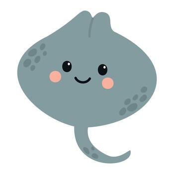A cute, cartoon-style stingray with a smiling face. The stingray is gray with rounded edges and small fins, set against a simple white background. vector