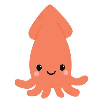 A cute cartoon squid with a smiling face. The squid is orange with rounded features and large eyes, set against a simple background. vector