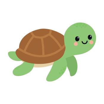 A cute cartoon turtle with a green body and brown shell. The turtle has a smiling face and is swimming in a playful manner. vector