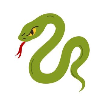 A green snake with red tongue and yellow eyes. The snake is angry and ready to strike. The image is in black and white vector