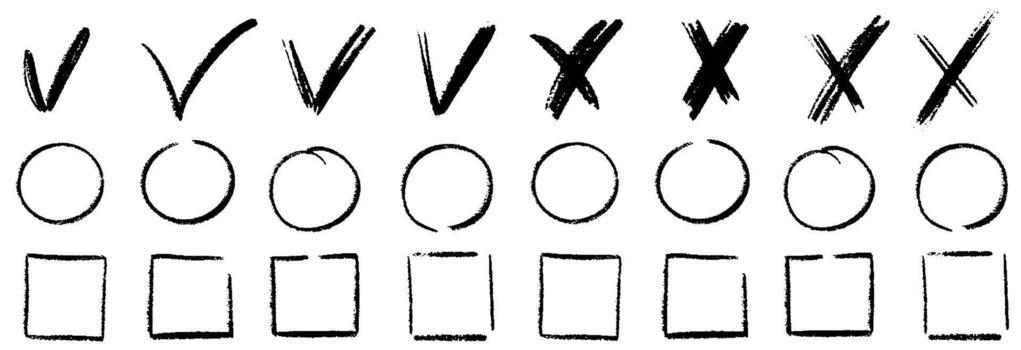 Check marks doodle set. Crayon Vote, yes, no, checkbox, checklist, tick and cross signs, v and x drawn concept. hand drawn doodle sketch style illustration vector