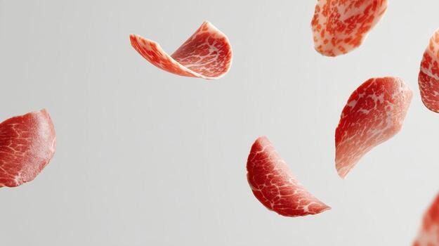 Thin slices of marbled red meat float against light background showing fresh texture and quality for culinary use in cooking or food preparation photo