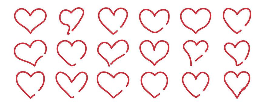 Set of red heart icons in outline style. Perfect for Valentines Day, romantic designs, cards and graphics. Minimalist symbols combine sketch with modern aesthetics vector