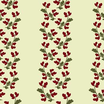 Seamless pattern featuring stylized red flowers with green leaves in folk art style.Traditional botanical motif on soft light background. Ideal for boho decor and romantic prints vector
