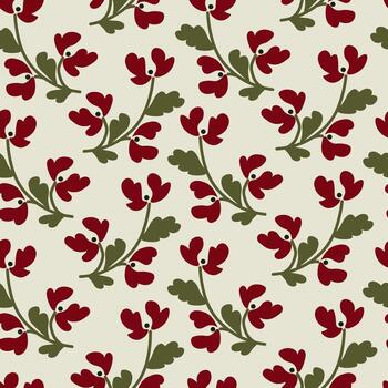 Seamless pattern featuring stylized red flowers with leaves in folk art style.Traditional botanical motif on soft light background. Ideal for boho decor and romantic prints vector