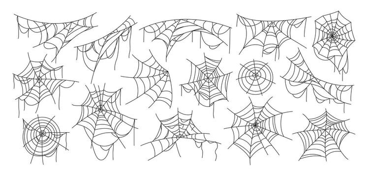 Halloween cobweb set. Isolated hand drawn spiderweb bundle in various shapes for spooky and gothic designs. Black elements for web, print, and party themes. Line art objects on white. vector