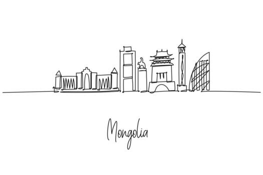soltero línea dibujo de Mongolia ciudad horizonte presentando Ulaanbaatar íconos sukhbaatar cuadrado, genghis kan estatua y azul cielo torre, mezcla templos y moderno arquitectura, Mongolia viaje tema. vector