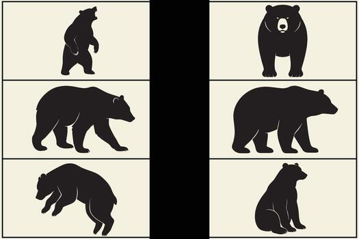 Six editable silhouette graphics of bears in various poses vector