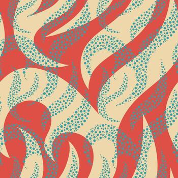 Abstract seamless pattern. Simple minimal swirled wavy lines, blue bubbles on red background. Modern smooth shapes repeat design for wallpaper, interior decor, textile. Luxurious elegant motif. vector