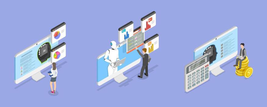 3d isométrica plano ilustración de ai en humano recursos , robot hora gerente vector