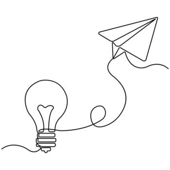 creativo continuo línea dibujo de ligero bulbo y papel avión simbolizando innovación, ideas, imaginación, y con visión de futuro visión. vector