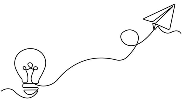 Creative continuous line drawing of light bulb and paper airplane symbolizing innovation, ideas, imagination. vector