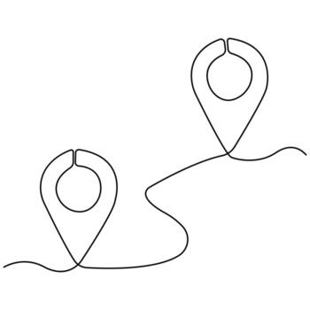 One continuous line drawing of two location pins connected by a path, symbolizing a journey, route, and destination. vector