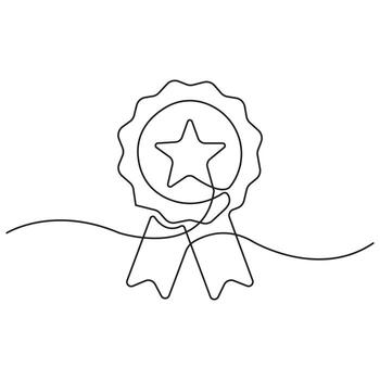 One Line Drawing of Award Ribbon with Star Symbol, Minimal Badge Icon for Achievement, Certification, Prize and Recognition Design. vector
