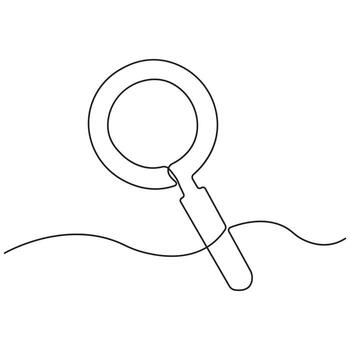 A single continuous line drawing of a magnifying glass, a minimalist icon for search, research, analysis, and investigation. vector
