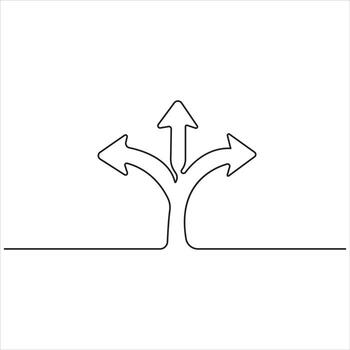 Minimal One Line Drawing of Three Directional Arrows, Symbolizing Decision Making, Choices, Opportunities, Navigation, Strategy, and Future Planning. vector