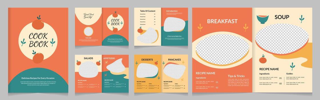 Modern 10 Page Cookbook Template Food Recipe Layout Print Ready Design vector