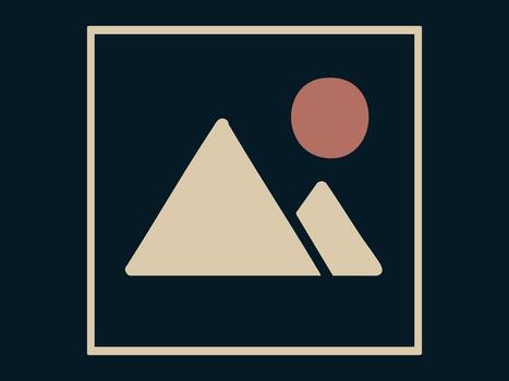 Flat minimal landscape icon with mountains and sun in square frame isolated on dark background. Concept of gallery picture, image placeholder, symbol, simple graphic design element vector