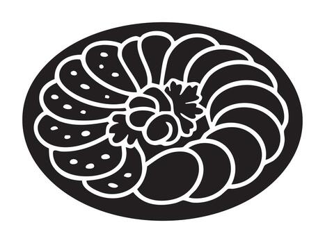 Black silhouette of assorted sliced bread and sausage on plate with garnish, isolated on white background. concept of bakery, bread assortment, food, icon, logo, design element. vector