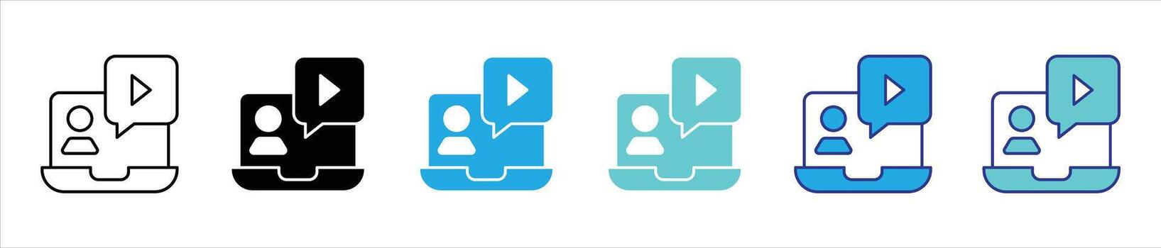 interactivo aprendizaje cubo icono colocar. Contiene ordenador portátil presentando un jugar botón y charla para virtual educación, aprendizaje electrónico, en línea comunicación Delgado línea y color estilo icono vector