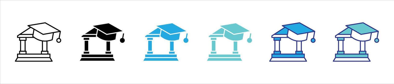 pilares de conocimiento icono colocar. Contiene graduación gorra icono mezcla clásico arquitectura y académico logro para instituciones, éxito, para toda la vida aprendizaje Delgado línea icono vector