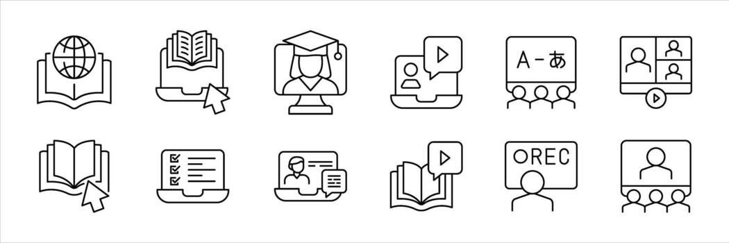 set of online learning thin line icon. contain digital classroom, online education, online course, audio course, seminar icon symbol sign for your app and web vector