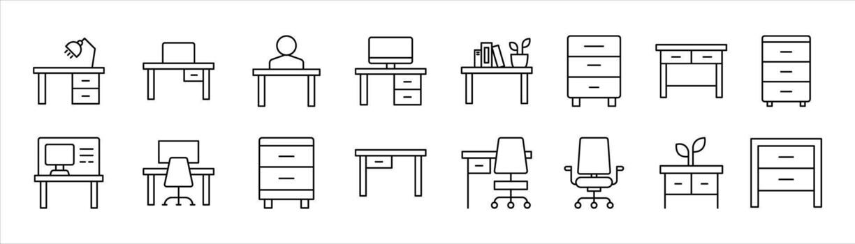set of workspace harmony thin line icon. contain collection of desks, chairs, study essential that define comfort, focus, productivity in modern educational, office environment vector