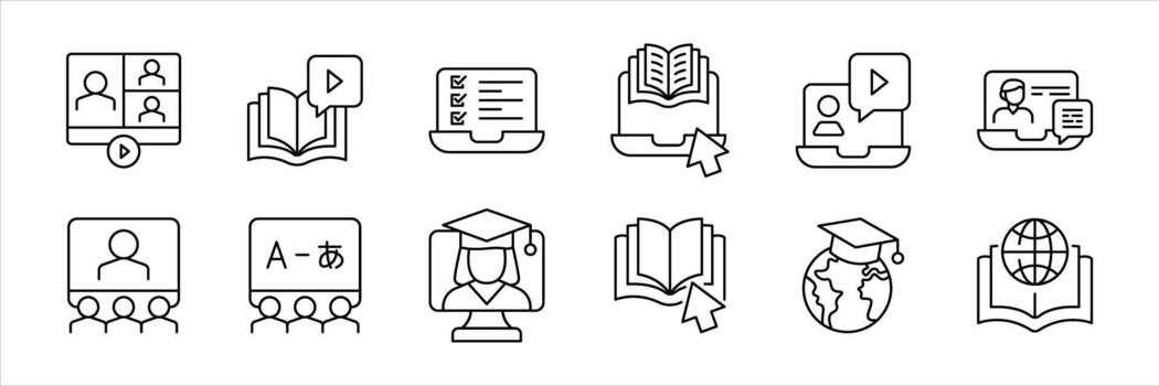 set of online education thin line icon. contain interactive online education, virtual learning, digital classroom, E-Courses, language lessons, global E-Learning symbol sign vector