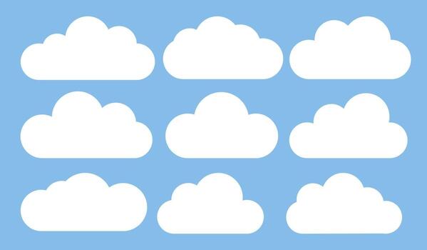 Set of white cloud icons on a blue background. Cloud shapes vary in size and form. Simple cloud design for weather or sky themes. Cloud icons in a grid layout. Weather illustration, . vector