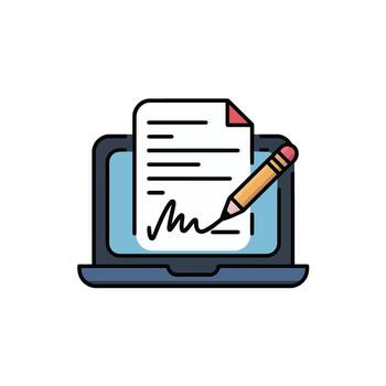 Laptop Displaying a Document Being Signed with a Pencil, Illustrating Digital Signature Concepts vector