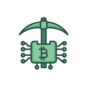 Bitcoin Mining Chip with Pickaxe Cryptocurrency Digital Currency Technology vector