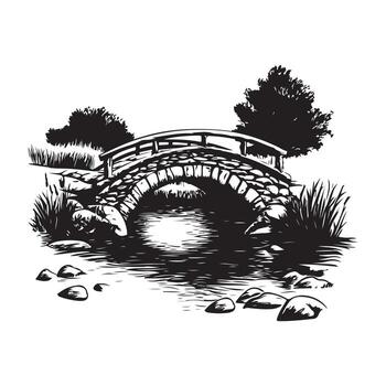 Old Rustic Stone Bridge Crossing Pathway with Gentle Stream Flowing Beneath It vector