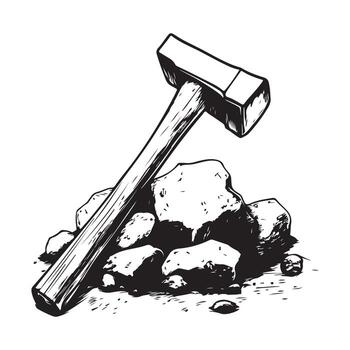Metal Hammer and Sharp Chisel Resting on Large Rocks in Nature vector